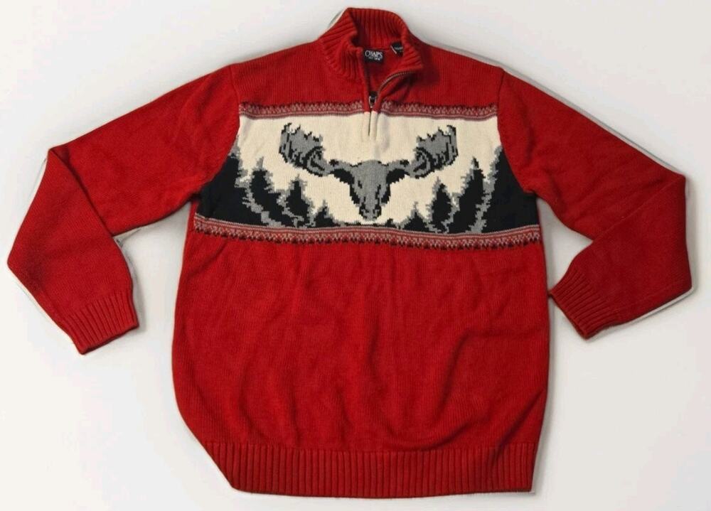 Vintage CHAPS Ralph Lauren Moose Sweater Men’s L Red 1/4 Zip 100% Cotton